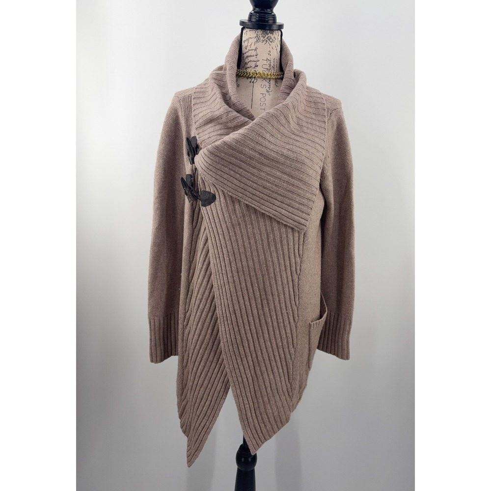 B39 Brochu Walker Wool Cashmere Medium Cardigan Wrap Tan Asymmetric Oversize